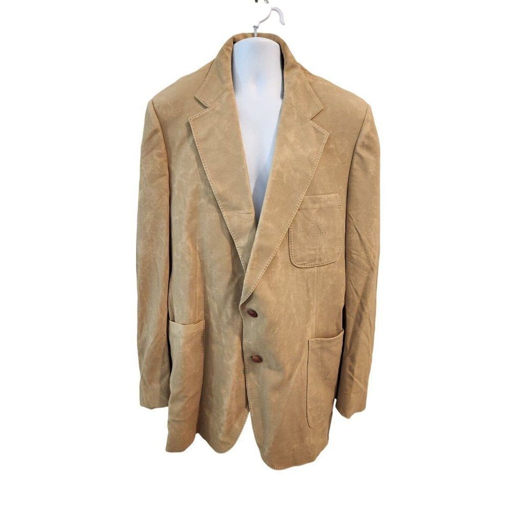 Vintage 70s Custom Made Tan Blazer Size XL 2 Button Faux Leather Suede